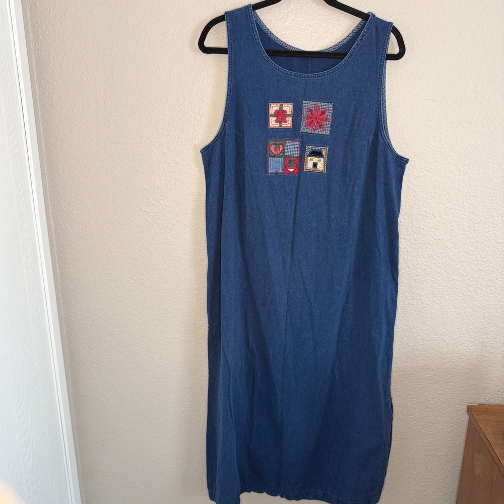 Vintage Cottage Treacher Country Denim Maxi Jumper Dress Christmas Folk Art XL